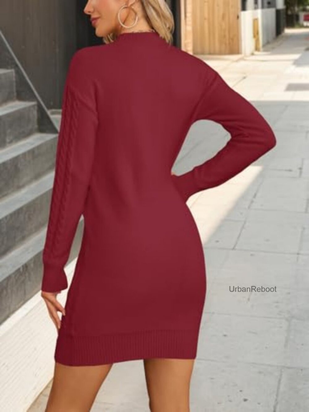 Cable Knit Mini Sweater Dress Mock Neck Long Sleeve Slim Fit Women's - Picture 4 of 5